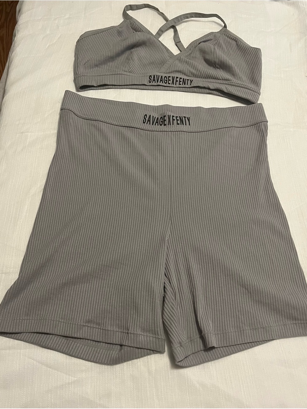 Savage X Fenty Ribbed Gray Bike Shorts Set